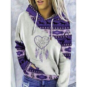 Women's Casual Fashion Round Neck Pullover Hoodie, Retro Print Sweatshirt Top